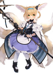 Rule 34 | 1girl, animal ears, arknights, bad id, bad twitter id, black footwear, black gloves, black vest, blonde hair, blue hairband, blush, boots, braid, dress, earpiece, fox ears, fox girl, fox tail, full body, gloves, green eyes, hairband, highres, holding, holding staff, id card, infection monitor (arknights), izumi roka, kitsune, looking at viewer, material growth, multicolored hair, multiple tails, oripathy lesion (arknights), pantyhose, purple dress, simple background, single glove, single wrist cuff, smile, solo, staff, streaked hair, suzuran (arknights), tail, two-tone dress, vest, white background, white dress, white hair, white pantyhose, white wrist cuffs, wrist cuffs