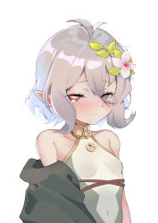 Rule 34 | 1girl, absurdres, antenna hair, bare shoulders, blush, breasts, closed mouth, crying, flower, grey hair, hair between eyes, hair flower, hair ornament, heart, heart-shaped pupils, highres, kokkoro (princess connect!), pointy ears, princess connect!, q haoyu, red eyes, short hair, simple background, small breasts, solo, symbol-shaped pupils, tears, upper body, white background, white flower, yellow pupils
