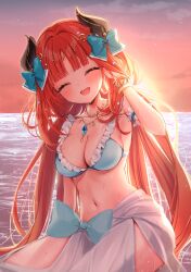 Rule 34 | 1girl, absurdres, beach, belly, bikini, blue bow, bow, breasts, closed eyes, fake horns, genshin impact, highres, horns, ineka ka, jewelry, long hair, medium breasts, navel, nilou (genshin impact), ocean, open mouth, red hair, smile, solo, stomach, sunset, swimsuit, veil