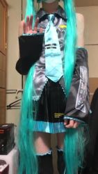 Rule 34 | 1boy, animated, aqua hair, arm warmers, belly, blue hair, clothes lift, cosplay, cowboy shot, cum, cum on floor, dress, dress lift, ejaculation, erection, facing viewer, flaccid, hair over shoulder, hatsune miku, hatsune miku (cosplay), head out of frame, huge penis, kotomitako, large penis, lifted by self, male focus, masturbation, midriff, navel, necktie, panties, panty pull, penis, photo (medium), pig tail, self exposure, sound, standing, striped, tail, thigh gap, thighhighs, trap, uncensored, underwear, upskirt, video, vocaloid, waving, video, white legwear, wig