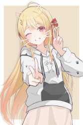 Rule 34 | 1girl, ahoge, blonde hair, cowboy shot, double-parted bangs, double v, drawstring, drop shadow, fortissimo, grin, hair ornament, hair ribbon, hand up, highres, hololive, hololive dev is, hood, hoodie, long hair, looking at viewer, musical note, musical note hair ornament, one eye closed, otonose kanade, red eyes, red ribbon, ribbon, shintakumin, skirt, smile, solo, v, very long hair, virtual youtuber, white hoodie, yellow background