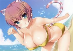 Rule 34 | 1girl, :q, animal ears, ass cutout, bandeau, bare shoulders, beach, bent over, bikini, blue sky, breasts, brown hair, cleavage, clothing cutout, cloud, day, female focus, fisheye, green eyes, highres, huge breasts, leaning forward, looking at viewer, nanase meruchi, navel, original, outdoors, paw pose, pink hair, scan, short hair, sky, smile, solo, swimsuit, tail, tiger ears, tiger tail, tongue, tongue out, yellow bikini