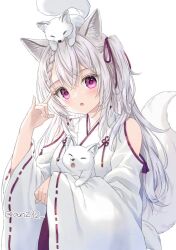 Rule 34 | 1girl, :o, animal, animal ear fluff, animal ears, animal on head, anz32, bare shoulders, braid, braided bangs, clothing cutout, commentary request, fox, fox ears, fox girl, fox shadow puppet, fox tail, grey hair, hair between eyes, hair ribbon, hakama, hand up, japanese clothes, kimono, long sleeves, looking at viewer, on head, one side up, original, parted lips, purple eyes, purple hakama, purple ribbon, ribbon, ribbon-trimmed sleeves, ribbon trim, shoulder cutout, simple background, sleeves past wrists, solo, tail, twitter username, white background, white kimono, wide sleeves