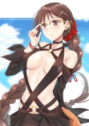 Rule 34 | 1girl, absurdres, bare shoulders, braid, braided ponytail, breasts, brown hair, clothing request, collarbone, commentary request, cowboy shot, ear piercing, fate/grand order, fate (series), glasses, gu li, hair ornament, hairclip, highres, large breasts, long braid, long hair, long sleeves, nail polish, o-ring, parted lips, piercing, ponytail, red nails, revealing clothes, single braid, solo, very long hair, yu mei-ren (fate), yu mei-ren (festival outfit) (fate)