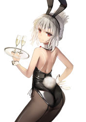 Rule 34 | 1girl, altera (fate), alternate hairstyle, animal ears, ass, bunny girl, cup, dark-skinned female, dark skin, detached collar, drinking glass, fake animal ears, fake tail, fate (series), fishnets, hand on own hip, highres, looking at viewer, looking back, rabbit tail, red eyes, simple background, solo, sunga2usagi, tail, tray, white background, white hair, wine glass