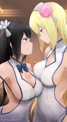 Rule 34 | 2girls, ahoge, aiz wallenstein, artist name, bare shoulders, black hair, blonde hair, blue bow, blue eyes, blue neckwear, blue ribbon, bow, breast press, breasts, cleavage, cleavage cutout, closed mouth, clothing cutout, collarbone, commentary request, cosplay, covered navel, dress, dungeon ni deai wo motomeru no wa machigatteiru darou ka, eye contact, floral print, flower, from side, hair flower, hair ornament, hair ribbon, height difference, hestia (danmachi), highres, jampen, large breasts, long hair, looking at another, multiple girls, pink flower, pout, profile, rei no himo, ribbon, sideboob, sleeveless, sleeveless dress, twintails, upper body, white dress, yellow eyes