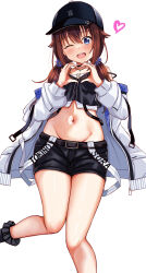 Rule 34 | 1girl, ;d, absurdres, baseball cap, blue eyes, brown hair, choker, commentary, crop top, flower, groin, hair flower, hair ornament, hat, heart, heart hands, highres, hololive, jacket, jewelry, leg up, low twintails, midriff, navel, necklace, nootomo, off shoulder, one eye closed, open mouth, shorts, simple background, smile, solo, standing, standing on one leg, tokino sora, tokino sora (streetwear), twintails, virtual youtuber, white background