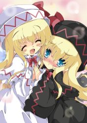 Rule 34 | 2girls, :&lt;, black dress, blonde hair, blue eyes, blush, bow, capelet, dress, closed eyes, female focus, hat, highres, lily black, lily white, long hair, long sleeves, milkpanda, multiple girls, open mouth, smile, touhou, white dress, wide sleeves