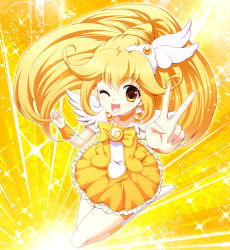 Rule 34 | 10s, 1girl, bad id, bad pixiv id, blonde hair, bow, cure peace, eyelashes, hair flaps, isumi (i-spixi), kise yayoi, long hair, magical girl, precure, skirt, smile precure!, solo, v, wide ponytail, yellow background, yellow bow, yellow eyes, yellow skirt, yellow theme