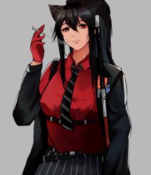 Rule 34 | 1girl, absurdres, animal ears, arknights, black hair, black necktie, black shorts, cat ears, cigarette, collared shirt, dress shirt, formal, grey background, hair between eyes, highres, holding, holding cigarette, jacket, long sleeves, looking at viewer, necktie, official alternate costume, ponytail, red eyes, red shirt, self-upload, shadowcero, shirt, shorts, sidelocks, simple background, smoking, solo, suit jacket, texas (arknights), texas (willpower) (arknights), wolf ears, wolf girl