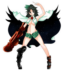 Rule 34 | 1girl, alternate costume, aoshima, arm cannon, asymmetrical clothes, black wings, boots, bow, breasts, brooch, brown hair, cape, cleavage, crop top, female focus, green eyes, hair bow, halterneck, jewelry, knee boots, long hair, midriff, ponytail, reiuji utsuho, short shorts, shorts, solo, standing, touhou, weapon, wings