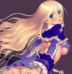 Rule 34 | 1girl, aqua eyes, ass, bikini, blonde hair, blush, bra, breasts, character request, covered erect nipples, female focus, knight, large breasts, long hair, looking at viewer, looking back, open mouth, solo, swimsuit, thong, tony taka, underboob, underwear