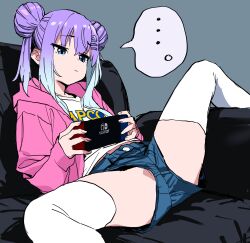 Rule 34 | ..., 1girl, :&lt;, anima lyon, blue eyes, blue hair, capcom, closed mouth, company name, couch, denim, denim shorts, double bun, feet out of frame, furrowed brow, gradient hair, grey background, hair bun, hair ornament, hairclip, handheld game console, highres, holding, holding handheld game console, hood, hood down, hoodie, indie virtual youtuber, long hair, long sleeves, looking at screen, multicolored hair, nintendo switch, on couch, open clothes, open hoodie, pink hoodie, playing games, print shirt, purple hair, raised eyebrows, sadamoto hokuto, shirt, short shorts, shorts, sidelocks, simple background, sitting, solo, spoken ellipsis, spread legs, text print, thighhighs, virtual youtuber, white shirt, white thighhighs