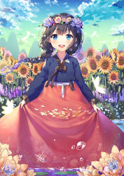 Rule 34 | 1girl, :d, black hair, blue eyes, blue sky, blush, braid, cloud, cloudy sky, commentary request, day, field, flower, flower field, flower wreath, hair ornament, hanbok, head wings, korean clothes, long hair, looking at viewer, mountain, open mouth, original, outdoors, petals, shoonear, skirt basket, sky, smile, solo, sunflower, sunflower field, teeth, upper teeth only, very long hair, wading, water, water drop, wings