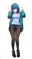 Rule 34 | 1girl, absurdres, alternate costume, artist name, black footwear, black pantyhose, blue eyes, blue hair, blue hoodie, blue tank top, blush, boots, breasts, collarbone, commission, commissioner upload, denim, denim shorts, double v, full body, grin, highres, hina (hinamatsuri), hinamatsuri (manga), hood, hoodie, looking at viewer, once 11h, pantyhose, parted lips, short hair, short shorts, shorts, small breasts, smile, solo, tank top, teeth, transparent background, twitter username, v