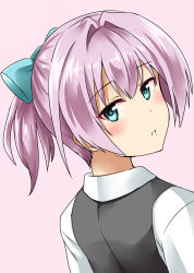 Rule 34 | 10s, 1girl, aqua eyes, blouse, blush, commentary request, dated, hair ornament, highres, kamelie, kantai collection, looking at viewer, looking back, one-hour drawing challenge, pink background, pink hair, ponytail, school uniform, shiranui (kancolle), shirt, short hair, short ponytail, simple background, solo, upper body, vest, white shirt