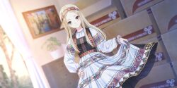 Rule 34 | 1girl, blonde hair, blue reflection (series), blue reflection sun, blush, box, cardboard box, chest of drawers, dress, feet out of frame, game cg, grey eyes, hairband, highres, indoors, kishida mel, light particles, long hair, long sleeves, looking at viewer, morisaki alesia yu, non-web source, painting (object), parted bangs, plant, potted plant, print dress, skirt hold, slavic clothes, solo, sunlight, traditional dress, wavy mouth