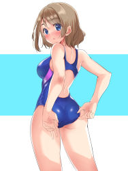 Rule 34 | 1girl, :o, adjusting clothes, adjusting swimsuit, ass, back cutout, bare arms, bare shoulders, blue eyes, blue one-piece swimsuit, blush, brown hair, clothing cutout, competition swimsuit, cowboy shot, female focus, from behind, highres, kuro neko (38-21), looking at viewer, looking back, love live!, love live! sunshine!!, median furrow, one-piece swimsuit, short hair, solo, surprised, swimsuit, thighs, watanabe you