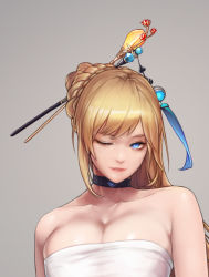 Rule 34 | 1girl, artist name, blonde hair, blue eyes, braid, braided bun, breasts, choker, cleavage, collarbone, dungeon and fighter, female gunner (dungeon and fighter), hair bun, large breasts, long hair, monaim, one eye closed, ponytail, revision, rose (elsword), smile, solo
