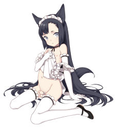 Rule 34 | 1boy, androgynous, animal ears, apron, arm support, black eyes, black hair, cat boy, cat ears, censored, elbow gloves, gloves, grey eyes, long hair, maid, maid apron, maid headdress, male focus, mary janes, montanyaoh, naked apron, navel, original, penis, penis ribbon, ribbon, shoes, small penis, solo, strap slip, thighhighs, trap, very long hair, white thighhighs