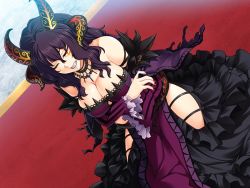 Rule 34 | 1girl, angry, bare shoulders, benimura karu, breast hold, breasts, bunny black, cleavage, clenched teeth, demon, dress, closed eyes, game cg, horns, jewelry, large breasts, legs, long hair, necklace, purple hair, single horn, sitting, solo, teeth, thighs