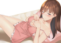 Rule 34 | 1girl, bad id, bad pixiv id, blunt bangs, blush, breasts, brown eyes, camisole, cleavage, collarbone, jewelry, kantai collection, large breasts, long hair, looking at viewer, lying, on bed, ooi (kancolle), pallad, panties, pillow, pink camisole, ring, sidelocks, skindentation, strap slip, underwear, wedding band, white panties