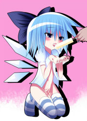 Rule 34 | 1girl, benerokku, blue hair, cirno, embodiment of scarlet devil, female focus, food, ice cream, nude, popsicle, ribbon, sexually suggestive, short hair, socks, solo focus, striped clothes, striped thighhighs, thighhighs, touhou, wings
