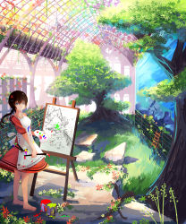 Rule 34 | .l.l, 1girl, absurdres, apron, barefoot, blue eyes, bookshelf, brown hair, canvas (object), chandelier, colorful, dress, easel, flower, grass, hair ornament, highres, indoors, ladder, long hair, looking at viewer, looking to the side, low ponytail, original, paint, paint can, paintbrush, painting (action), painting (object), palette (object), rock, scenery, shadow, sketch, smile, solo, sunlight, tree, x hair ornament