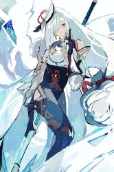 Rule 34 | 1girl, absurdly long hair, blue eyes, bodysuit, breast curtain, chinese clothes, clothing cutout, earrings, eyeliner, genshin impact, hair ornament, hair over one eye, highres, hip vent, holding, holding sword, holding weapon, jewelry, light blue background, long hair, looking at viewer, loomyoi2, makeup, multicolored hair, one eye covered, red eyeliner, shenhe (genshin impact), shoulder cutout, solo, staff (weapon), sword, tassel, tassel earrings, very long hair, weapon, white background, white hair