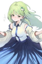Rule 34 | 1girl, bare shoulders, blue skirt, blush, collared shirt, commentary request, detached sleeves, feet out of frame, green eyes, green hair, hair ornament, heoningu, highres, kochiya sanae, korean commentary, long hair, long skirt, looking at viewer, parted lips, shirt, single hair tube, skirt, sleeveless, sleeveless shirt, snake hair ornament, solo, sparkle, touhou, white background, white shirt, white sleeves, wing collar