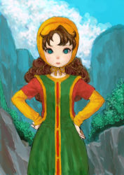 Rule 34 | 1girl, bad id, bad pixiv id, brown hair, cloud, cowboy shot, day, dragon quest, dragon quest vii, facing viewer, green eyes, hands on own hips, hood, long hair, looking at viewer, maribel (dq7), mountain, outdoors, ponsuke (pon00000), sky, solo, standing