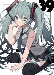 Rule 34 | 1girl, 39, aqua eyes, aqua hair, aqua trim, artist name, bare shoulders, black footwear, black skirt, blue necktie, boots, breasts, collared shirt, commentary request, grid background, hair between eyes, hair ornament, hand on floor, hand on own cheek, hand on own face, hatsune miku, highres, kneeling, long hair, looking at viewer, necktie, number tattoo, pleated skirt, shirt, skirt, sleeveless, sleeveless shirt, solo, tattoo, thigh boots, thighhighs, twintails, utakapen, very long hair, vocaloid, white background, white shirt