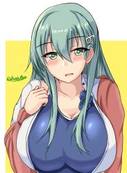 Rule 34 | 1girl, aqua eyes, aqua hair, blue neckerchief, blue one-piece swimsuit, blush, breasts, cardigan, collarbone, competition school swimsuit, competition swimsuit, hair ornament, hairclip, highres, kantai collection, large breasts, long hair, long sleeves, looking at viewer, montemasa, neckerchief, official alternate costume, one-piece swimsuit, open cardigan, open clothes, open mouth, open shirt, school swimsuit, shirt, solo, suzuya (kancolle), swimsuit, swimsuit under clothes, twitter username, upper body, white background, white shirt, yellow background