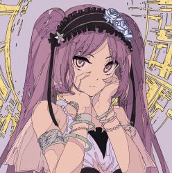 Rule 34 | 1girl, armband, bare shoulders, bracelet, cogecha, euryale (fate), euryale (third ascension) (fate), eyelashes, fate/grand order, fate (series), flat color, hairband, hand on own face, highres, jewelry, looking at viewer, purple eyes, purple hair, solo