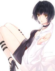Rule 34 | 1girl, absurdres, black collar, black dress, black hair, bob cut, breasts, brown eyes, cleavage, collar, collarbone, dress, from side, hair intakes, high heels, highres, jewelry, lab coat, long sleeves, looking at viewer, medium breasts, parted lips, pendant, persona, persona 5, short dress, short hair, simple background, solo, takemi tae, thigh strap, white background, yaoto