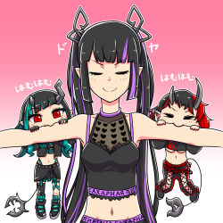 Rule 34 | 3girls, belt, biting arm, black footwear, black hair, black jacket, black legwear, black pants, black skirt, black sports bra, blue belt, blue hair, blunt bangs, breasts, chest belt, chibi, closed eyes, closed mouth, clothing cutout, commentary request, crop top, cropped jacket, cross-laced clothes, cross-laced pants, cross-laced sleeves, demon girl, demon horns, demon tail, engacyo (engacyo39800yen), fang, flat chest, full body, garter straps, heart, highres, horns, jacket, kojo anna, kojo anna (1st costume), layered skirt, long hair, long sleeves, medium breasts, midriff, multicolored hair, multiple girls, nanashi inc., navel, pants, pink background, pointy ears, purple hair, red eyes, red hair, red pants, russian text, ryugasaki rene, ryugasaki rene (1st costume), shishio chris, shoes, short hair, shoulder cutout, single thighhigh, skin fang, skirt, smile, sneakers, sports bra, sugar lyric, tail, thighhighs, translation request, twintails, two-tone hair, two-tone pants, underboob, upper body, virtual youtuber, zipper skirt