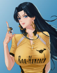 Rule 34 | 1girl, absurdres, alternate costume, black hair, blue background, blue eyes, blue hair, boa hancock, cameo, car keys, character name, closed mouth, commentary, earrings, highres, index finger raised, jewelry, charm (object), long hair, looking at viewer, monkey d. luffy, one piece, shirt, short sleeves, simple background, solo, witeak