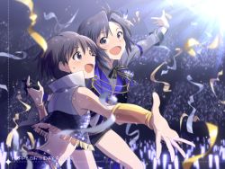 Rule 34 | 2girls, :d, antenna hair, armband, audience, bare back, bare shoulders, birthday, black eyes, black gloves, black hair, black neckwear, black shorts, black vest, chain, commentary, crowd, dated, dual persona, foreshortening, frilled vest, frills, gloves, holding hands, idolmaster, idolmaster (classic), idolmaster million live!, idolmaster million live! theater days, kikuchi makoto, light blush, light stick, long sleeves, looking ahead, looking at viewer, midriff peek, mizu (47ssn), multiple girls, open mouth, popped collar, purple vest, raised eyebrows, reaching, reaching towards viewer, shirt, short hair, shorts, single glove, smile, sparkle, spotlight, stadium, stage, streamers, sweat, sweatdrop, upper body, vest, white shirt, white vest