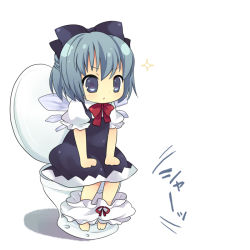 Rule 34 | 1girl, bad id, bad pixiv id, barefoot, bloomers, bloomers pull, blue eyes, blue hair, bow, chibi, child, cirno, female focus, hair bow, maki (natoriumu), maki (pixiv), matching hair/eyes, panties, panty pull, short hair, solo, sparkle, toilet, toilet use, touhou, underwear, white background, white bloomers, wings