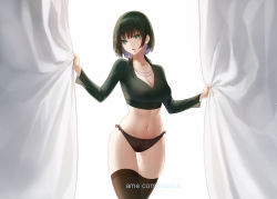 Rule 34 | 1girl, absurdres, black panties, black shirt, black thighhighs, breasts, cleavage, collarbone, collared shirt, commission, curtains, fubuki (one-punch man), gluteal fold, green eyes, highres, jewelry, large breasts, long sleeves, looking at viewer, midriff, mohaka (m 0haka), navel, necklace, one-punch man, panties, parted lips, shirt, short hair, solo, thighhighs, thighs, underwear