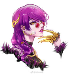 Rule 34 | 1girl, bare shoulders, black shirt, chinese commentary, claws, commentary request, cropped shoulders, evelynn (league of legends), eyeliner, eyeshadow, feather-trimmed jacket, feather-trimmed sleeves, gold necklace, hair ornament, hair over shoulder, hand to own mouth, jacket, jacket partially removed, jewelry, k/da (league of legends), k/da evelynn, league of legends, lipstick, long hair, long sleeves, looking at viewer, makeup, mioda xi, necklace, parted lips, purple eyeshadow, purple hair, purple lips, red-tinted eyewear, shirt, simple background, sleeveless, sleeveless shirt, solo, sunglasses, teeth, tinted eyewear, turtleneck shirt, watermark, weibo logo, weibo username, white background, yellow-framed eyewear, yellow eyes