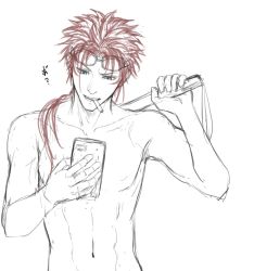 Rule 34 | 1boy, bad id, bad pixiv id, cellphone, cigarette, collarbone, commentary request, final fantasy, final fantasy vii, goggles, goggles on head, headband, highres, holding, limited palette, male focus, mondi hl, monochrome, mouth hold, navel, over shoulder, phone, reno (ff7), sketch, solo, topless male, translation request, upper body, weapon, weapon over shoulder