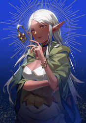 Rule 34 | 1girl, arm under breasts, armor, bell, blue background, bracelet, breast hold, breasts, cape, choker, cithis, cleavage, commentary, cowboy shot, dark-skinned female, dark skin, dress, dungeon meshi, elf, facial mark, fingernails, forehead mark, glint, green cape, hair tubes, halo, hand up, highres, holding, holding wand, hood, hood down, hooded cape, hoshiko (419401x), jewelry, jingle bell, lipstick, long hair, looking at viewer, makeup, notched ear, pointy ears, ring, sidelocks, smile, solo, upper body, very long hair, wand, white dress, white hair