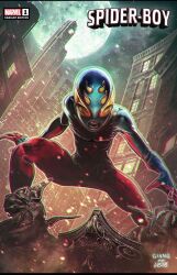 Rule 34 | 1boy, artist name, bailey briggs, bodysuit, building, child, cityscape, comic cover, commentary, cover image, english commentary, english text, extra eyes, highres, horror (theme), john giang, marvel, red bodysuit, science fiction, sharp teeth, spider-boy (spider-man), spider-man (series), superhero costume, teeth, two-tone bodysuit, western comics (style)