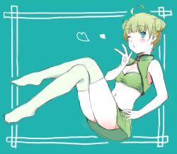 Rule 34 | 1girl, ahoge, alternate costume, aqua background, bare arms, blue eyes, blunt bangs, bra, breasts, chinese clothes, collared vest, commentary request, double bun, eyelashes, full body, green bra, green hair, green socks, green vest, hair bun, hand on own hip, heart, idolmaster, idolmaster million live!, light blush, looking at viewer, medium breasts, navel, no panties, no shoes, o3o, one eye closed, open clothes, open vest, over-kneehighs, shimabara elena, socks, solo, stomach, thighhighs, thighs, underwear, v, vest, witoi (roa)