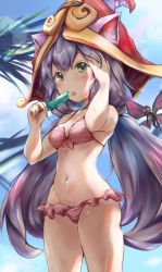 Rule 34 | 1girl, animal ears, bikini, blush, erementa, fairy, fairy wings, green eyes, hat, highres, league of legends, licking, looking at viewer, lulu (league of legends), navel, pix (league of legends), popsicle, purple hair, red eyes, sweat, swimsuit, tongue, tongue out, twintails, wings