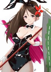 Rule 34 | 1girl, absurdres, alternate costume, amagi (kancolle), animal ears, black bow, black bowtie, black leotard, bow, bowtie, breasts, brown eyes, brown hair, cleavage, detached collar, fake animal ears, fishnet pantyhose, fishnets, flag, flower, hair flower, hair ornament, highres, kantai collection, leotard, medium breasts, neve (morris-minicooper), pantyhose, playboy bunny, ponytail, rabbit ears, smile, solo, strapless, strapless leotard, wrist cuffs