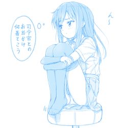 Rule 34 | 1girl, arm warmers, asashio (kancolle), blue theme, blush, closed mouth, collared shirt, gotou hisashi, kantai collection, knees to chest, long hair, panties, pleated skirt, shirt, short sleeves, simple background, skirt, solo, suspender skirt, suspenders, thighhighs, thought bubble, translation request, underwear, white background