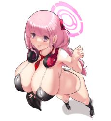 Rule 34 | 1girl, aster crowley, bare shoulders, bikini, black bikini, blue archive, blush, braid, breasts, cleavage, collarbone, eimi (blue archive), halo, headphones, headphones around neck, highres, large breasts, long hair, looking at viewer, necktie, pink hair, purple eyes, red necktie, single braid, smile, solo, swept bangs, swimsuit, thick thighs, thighs