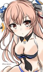 Rule 34 | 1girl, adapted costume, bikini, black neckerchief, blue bikini, breasts, brown eyes, buriaburu, cleavage, commentary request, hair ornament, johnston (kancolle), kantai collection, large breasts, light brown hair, long hair, looking at viewer, neckerchief, official alternate costume, one-hour drawing challenge, simple background, sitting, solo, swimsuit, twitter username, two side up, upper body, white background, yokozuwari